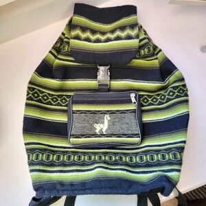 Woven Alpaca Blanket Backpack 💚🖤 Green & Black Design Drawstring Sack Bag Tote